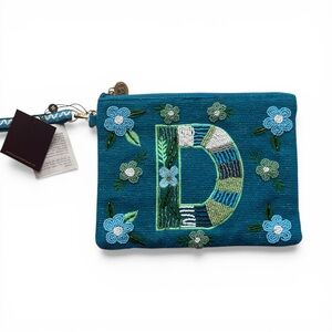 America & Beyond Women's Embroidered Blue Beaded Clutch Pink Floral NWT